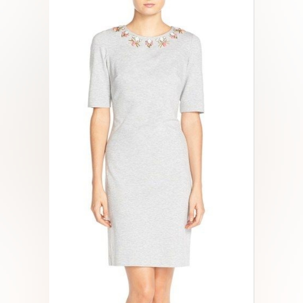 Eliza J Petite Embellished Jeweled Heather Ponte‎ Shift Dress in Gray Size 6P